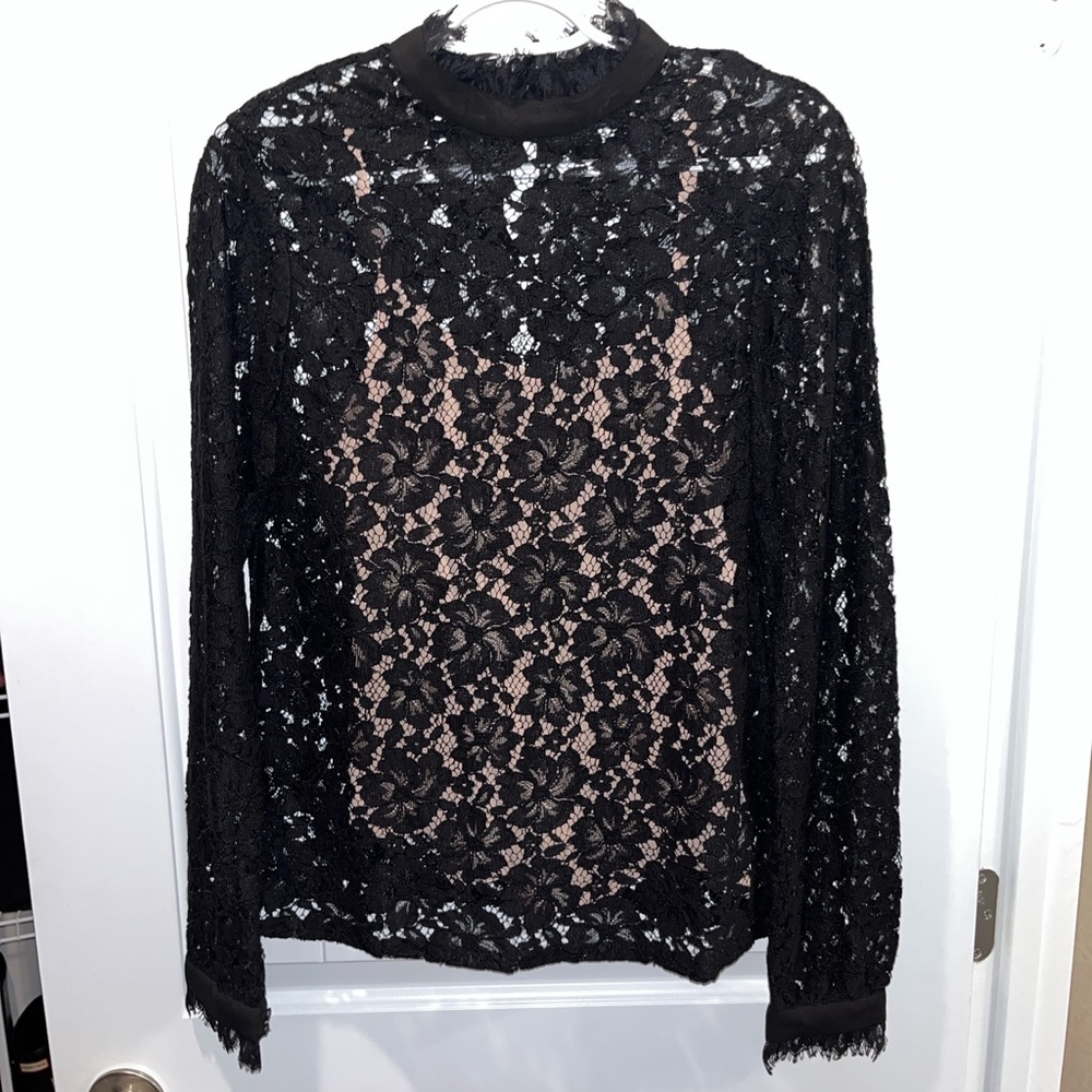 Revolve WAYF Berklin Lace Black Fitted Long Sleeve Blouse Top with Nude Tank Top - Picture 3 of 14